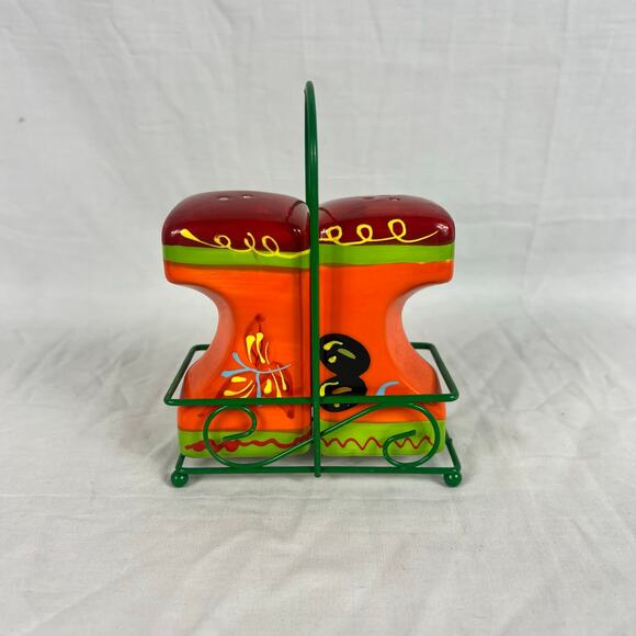 Salt and Pepper Shaker Set with Rack Butterfly Wings Hand painted Southwestern - Picture 1 of 9